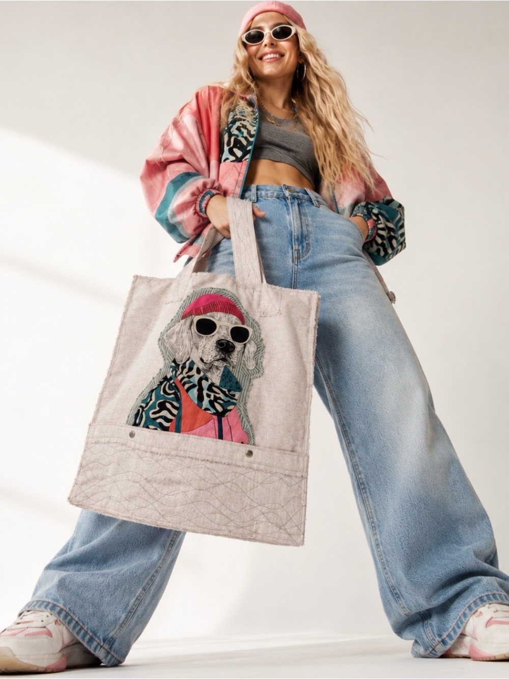 Handmade Oversized Cotton Canvas Tote Pop Art Dog Graphic Patch Boho Artisan Bag - Picture 4 of 11